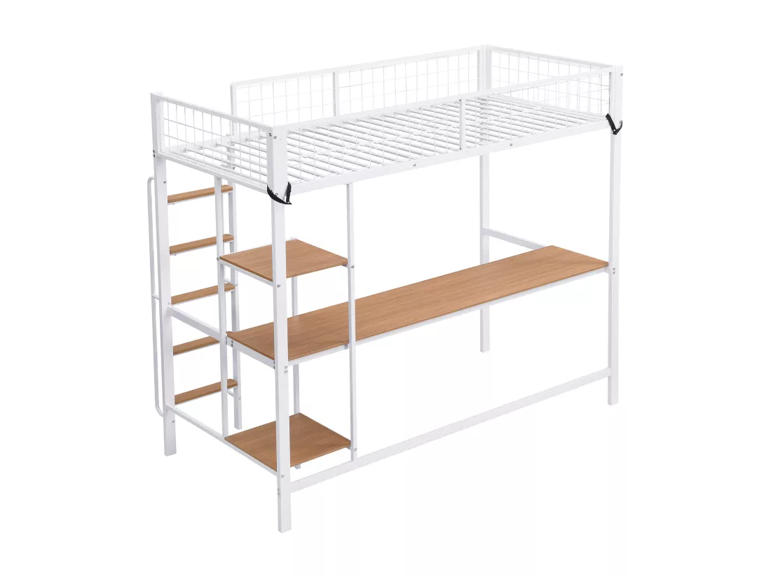 Lit mezzanine 90x200cm - avec table et étagère - avec échelle 5 marches - avec grille anti-chute - métal + MDF - blanc (sans matelas)