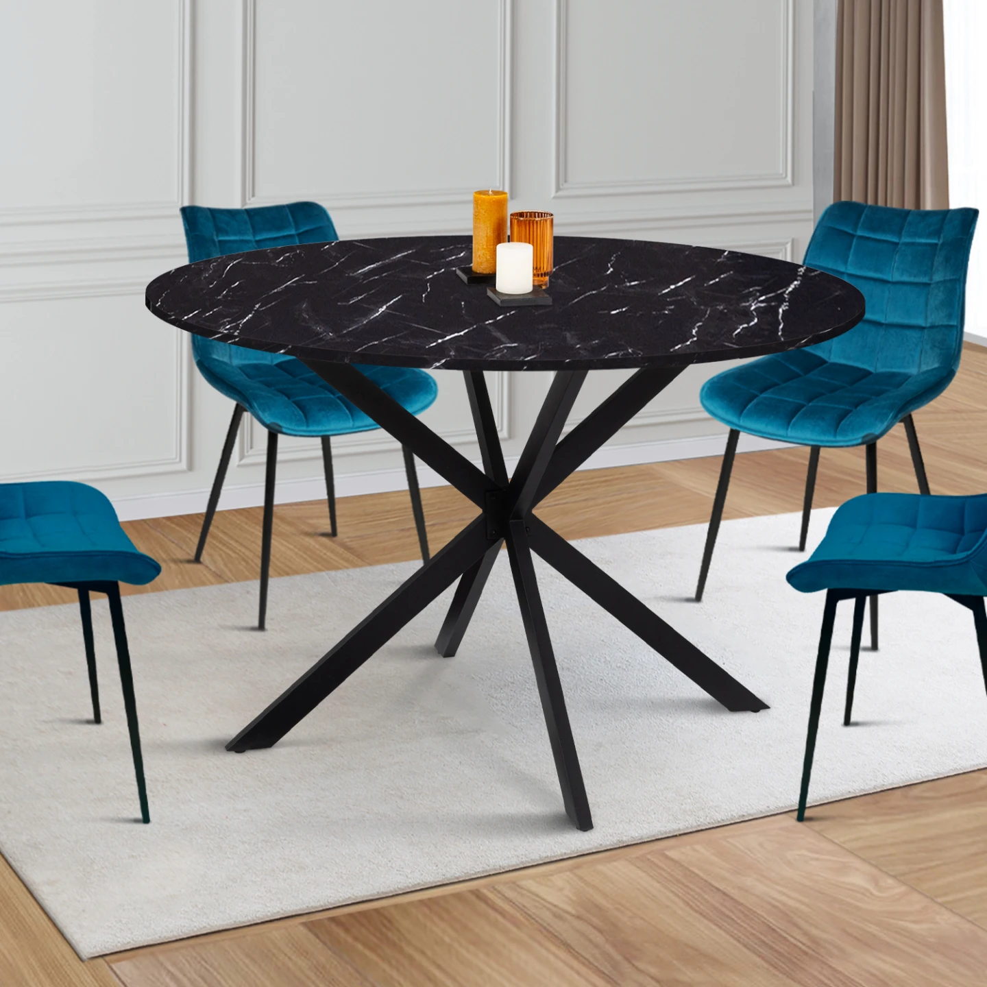 Table à manger ronde ALIX 6 personnes pied araignée noir et plateau effet marbre noir ALASKA 110 cm