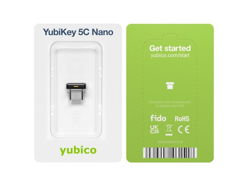 Yubico YubiKey 5C Nano FW 5.7 USB-C, 1 Stück YubiKey 5-Serie: Der Sicherheitsschlüssel mit Unterstützung mehrerer Protokolle