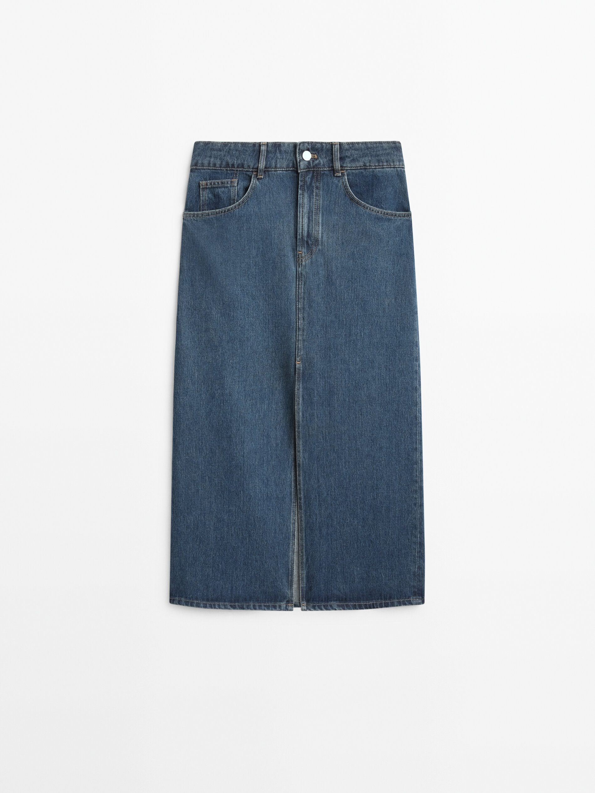 Saia midi jeans de cintura alta - AZUL MÉDIO