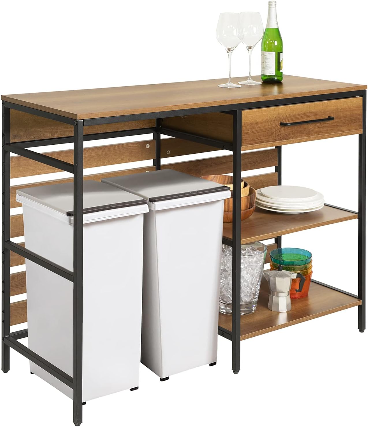 SoBuy Küchenwagen mit Arbeitsplatte, Kücheninsel freistehend, Servierwagen mit Rollen und Schublade, Küchenschrank mit offenen Ablagen, Vintage, BHT ca. 120x90x45cm, FSB71-PF