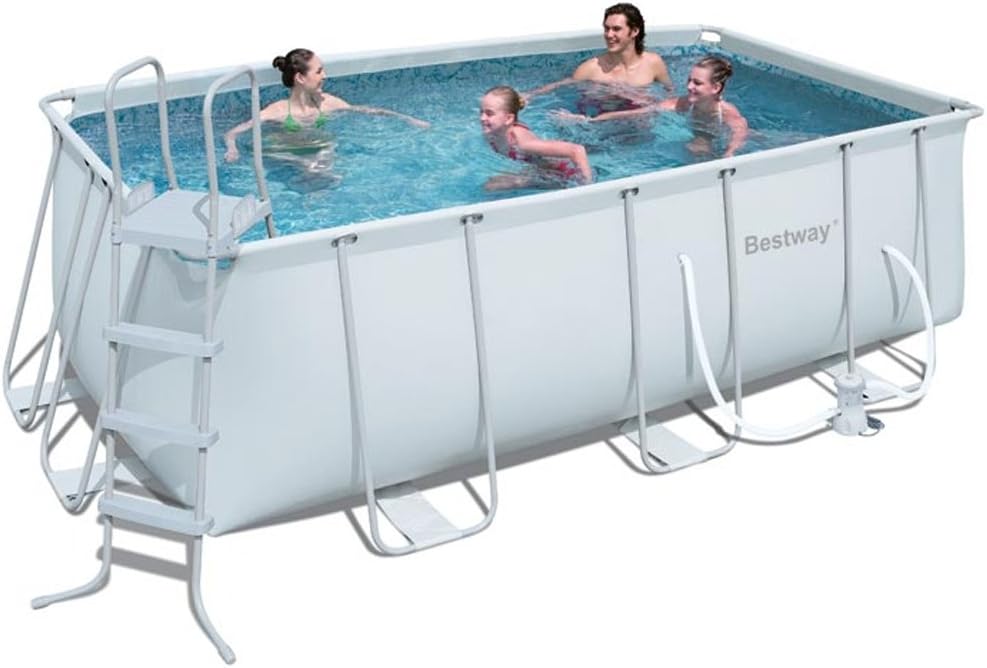 Bestway 56241GS Frame Pool Stahlrahmenbecken Set, 412 x 201 x 122 cm rechteckig mit Filterpumpe GS, hellgrau