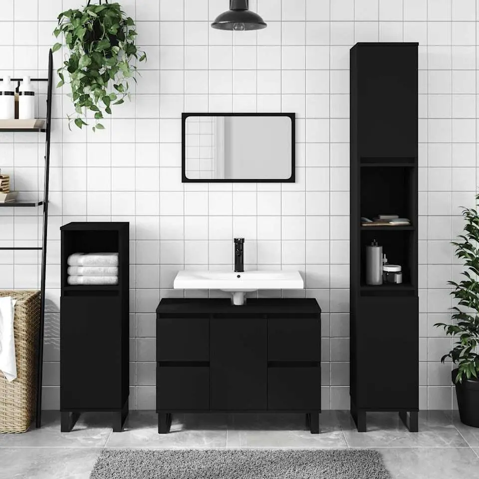 vidaXL - Zwart Wastafelonderkast - 1 deur 4 lades - Hout en ijzer - 80x33x60 cm