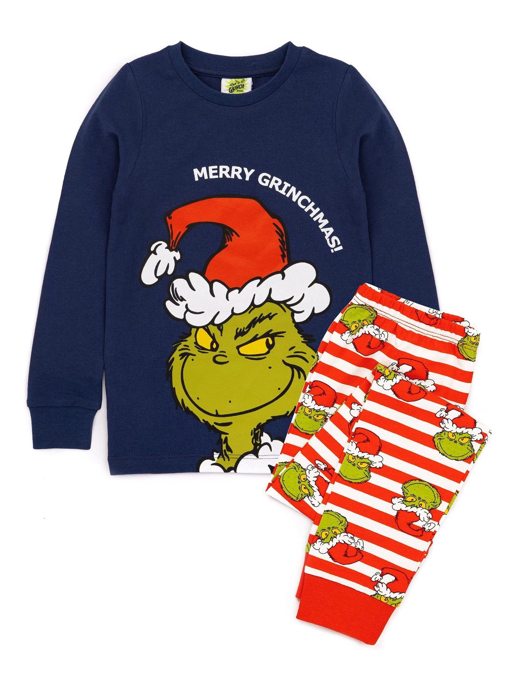 Blauw - Vanilla Underground The Grinch jongenspyjama met lange mouwen en lange pijpen van 100% katoen kerstset