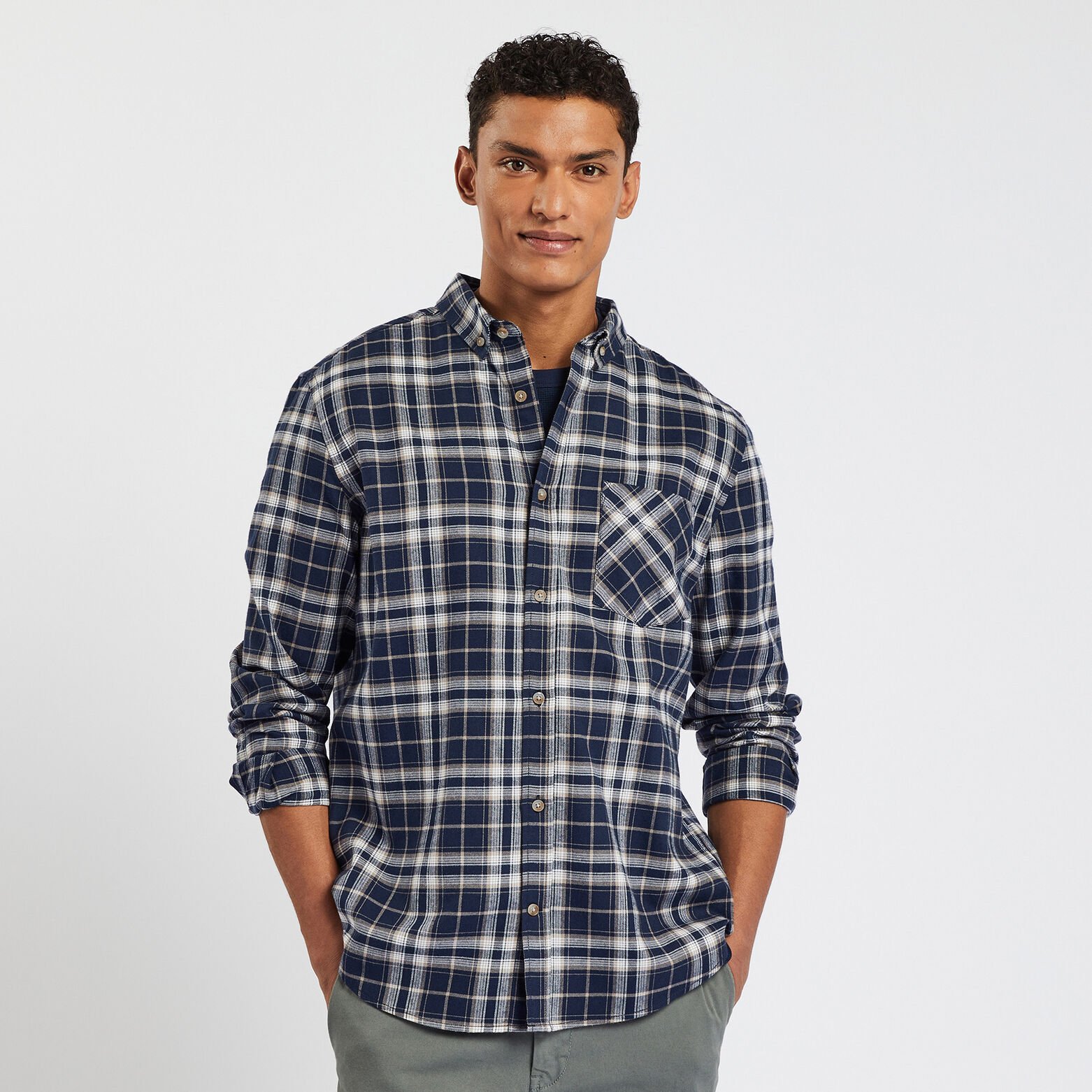 Chemise regular carreaux coton flanelle régénérati Bleu foncé