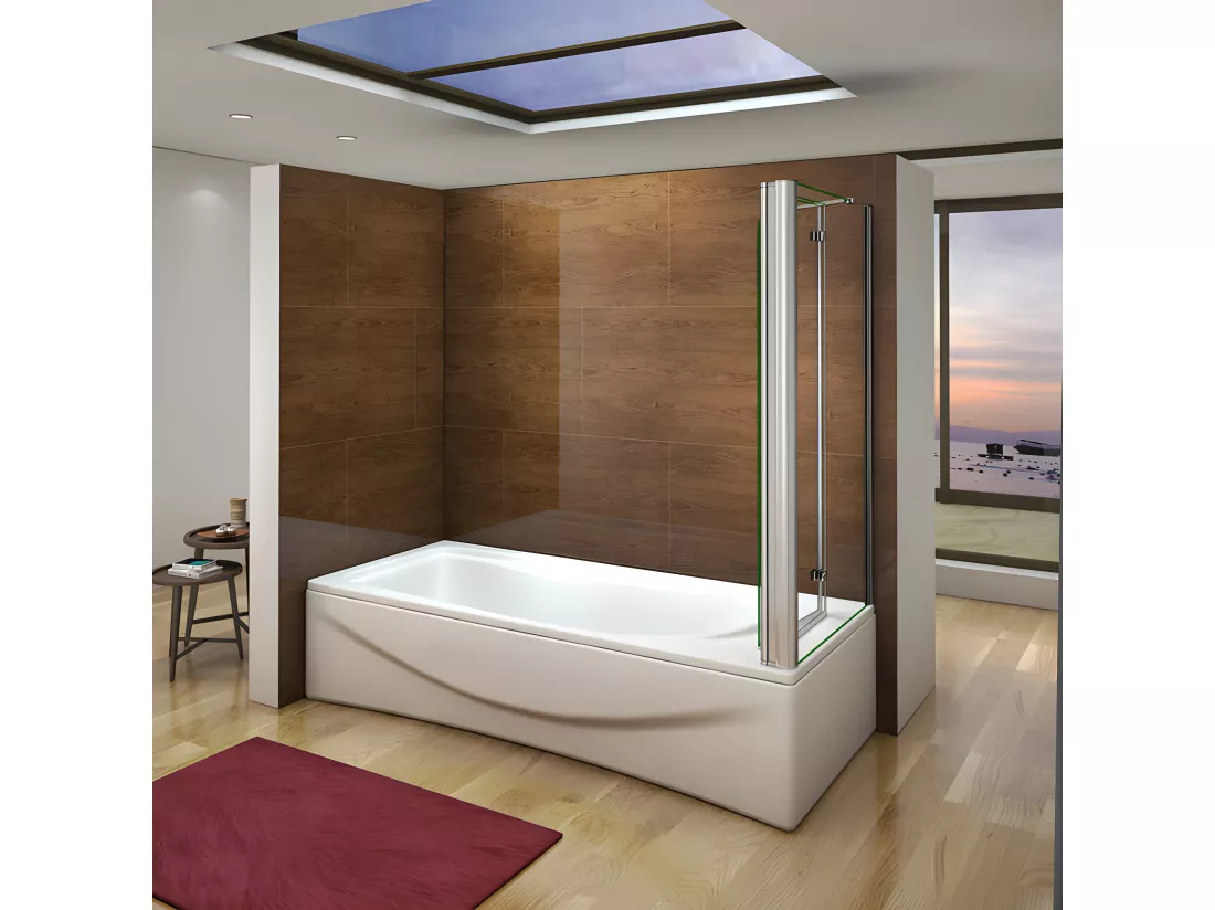 Pare-baignoire pivotant et pliant 100x140cm avec paroi fixe 80x140cm, paroi de baignoire en 6mm verre de sécurité