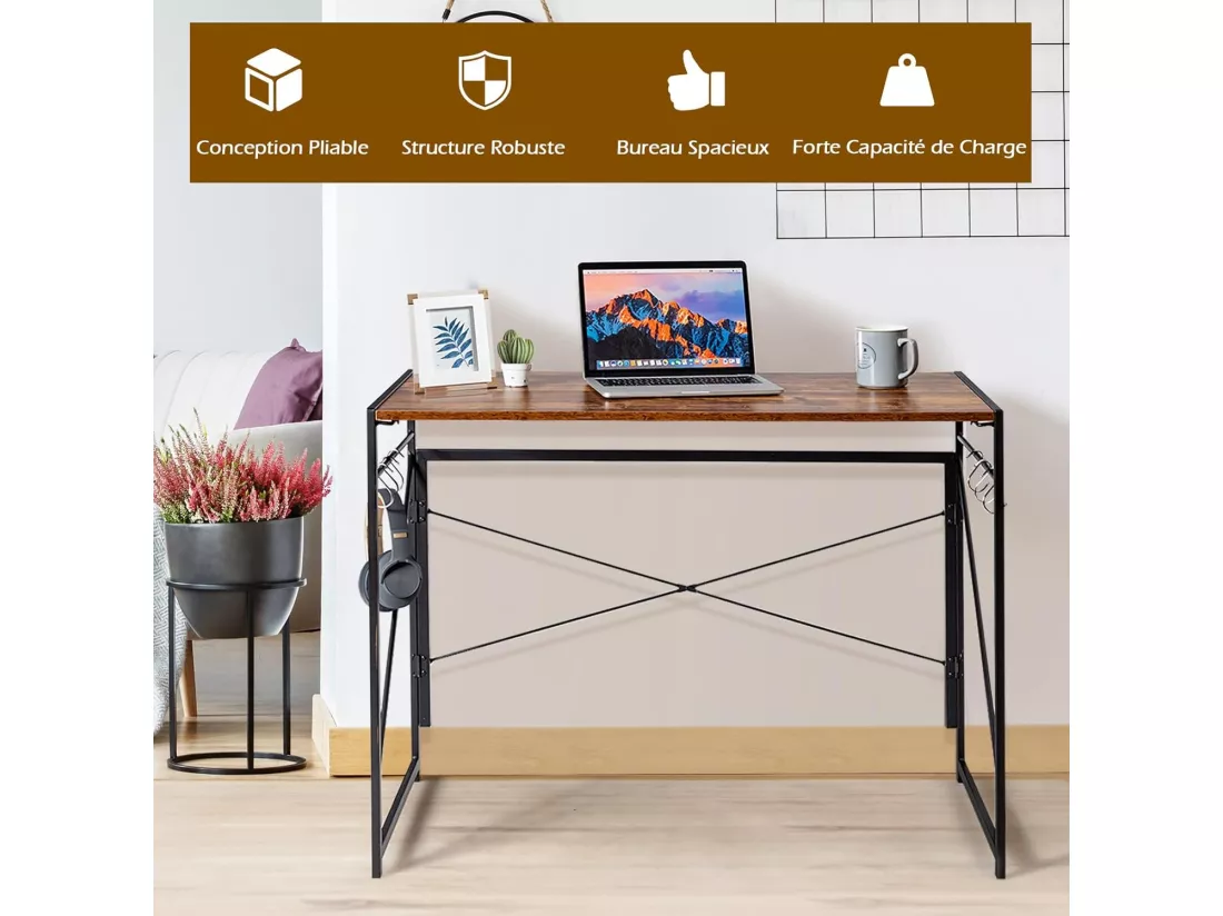 Bureau d'Ordinateur Pliant 100 x 50 cm, Table de Bureau Cadre en Métal, 6 Crochets en Forme de S, Charge 115kg Style Industriel/Moderne (Marron Rustique)