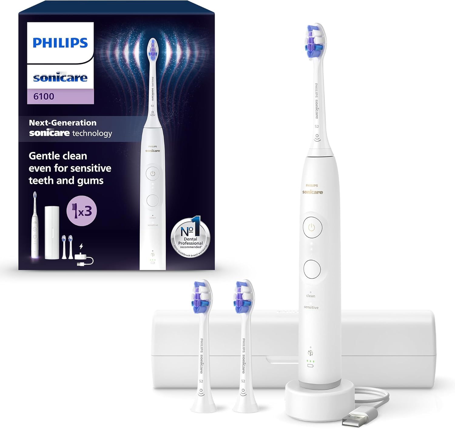 Philips Sonicare 6100 - Brosse à dents électrique sonique avec 2 modes de brossage, 3 niveaux d'intensité, Alerte de pression, EasyStart, Coffret de voyage, Blanc, HX7400/02 [Nouvelle technologie]