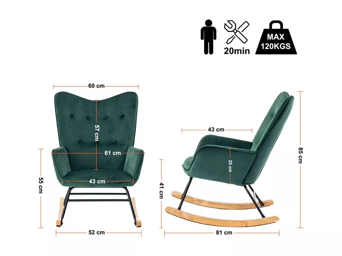 URBAN MEUBLE Fauteuil à bascule Scandinave velours vert pieds en bois foncé EPPING SMALL VELVET GREEN