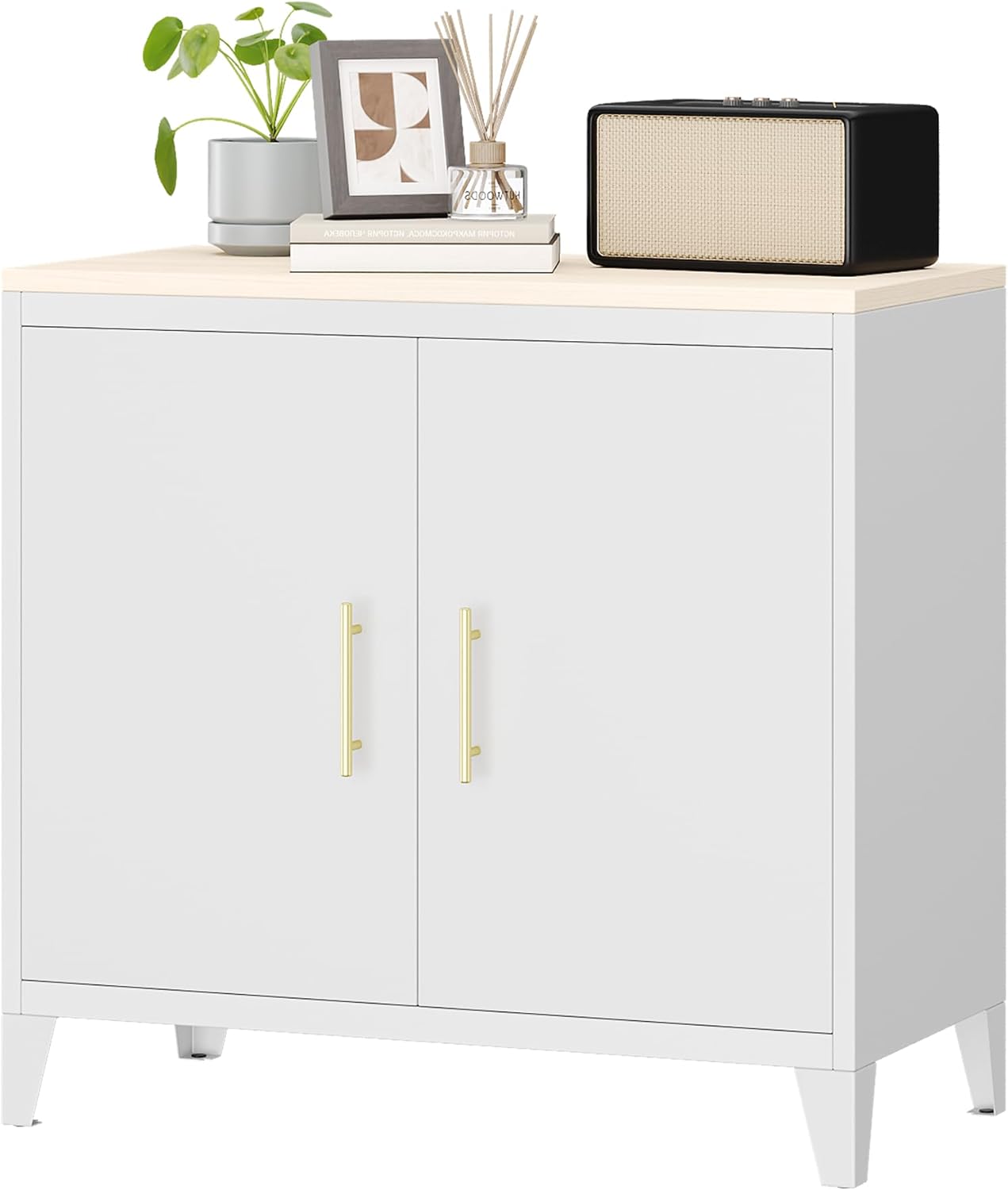 Metallschrank Küchenschrank Balkonschrank mit Der goldene Griff 40T x 80B x 76H cm,Aufbewahrungsschrank Sideboard Beistellschrank Gartenschrank Flurschrank,Metallkörper,Obere Holzplatte,Weiß