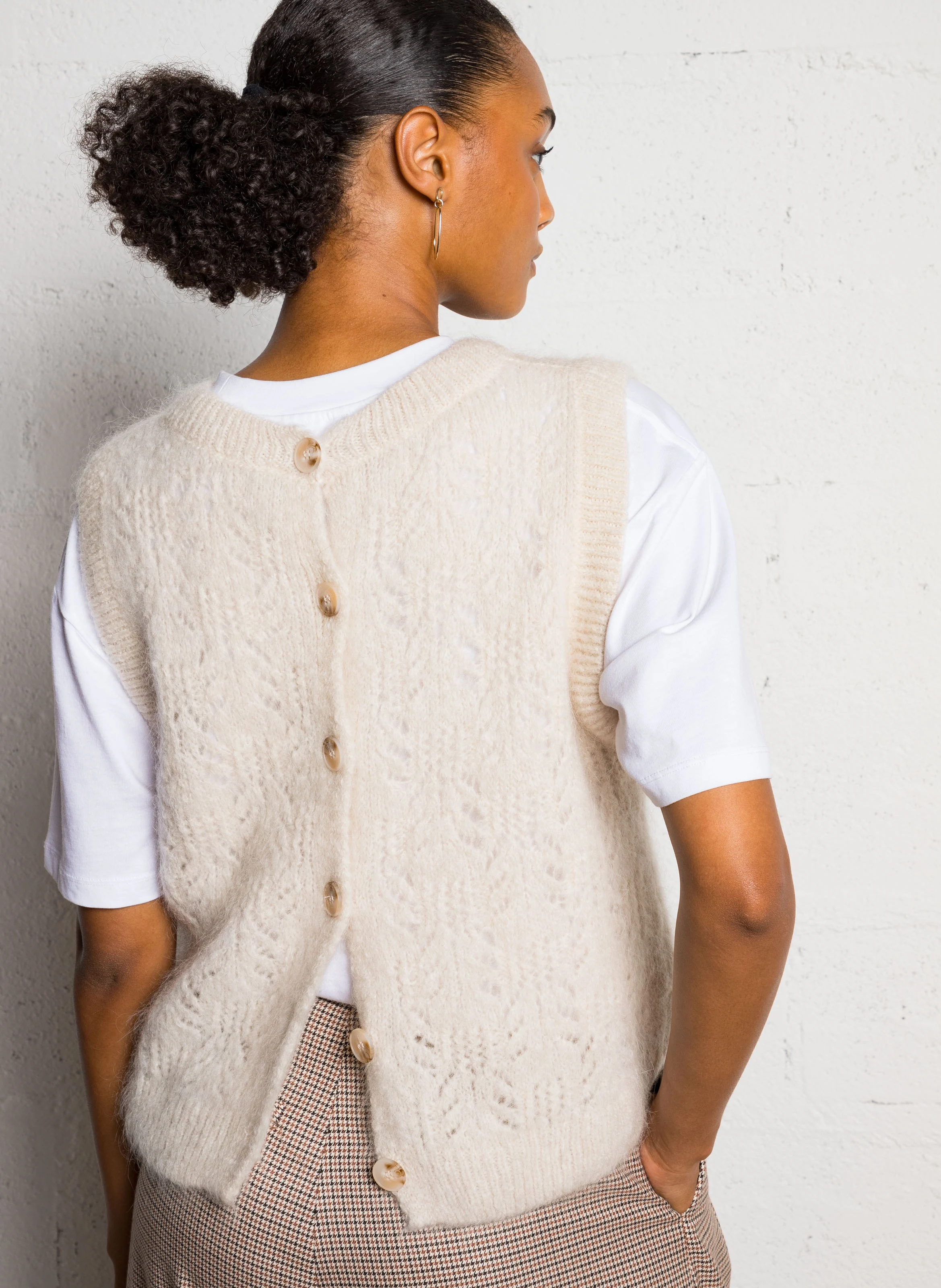 Gilet col rond droit en laine mélangée | Beige