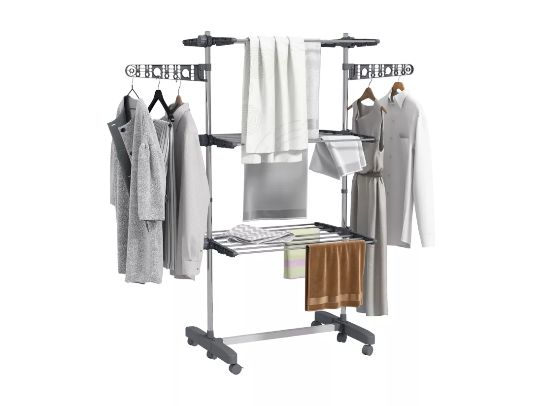 Séchoir à linge étendoir pliable ailes latérales 3 niveaux acier inox PP gris