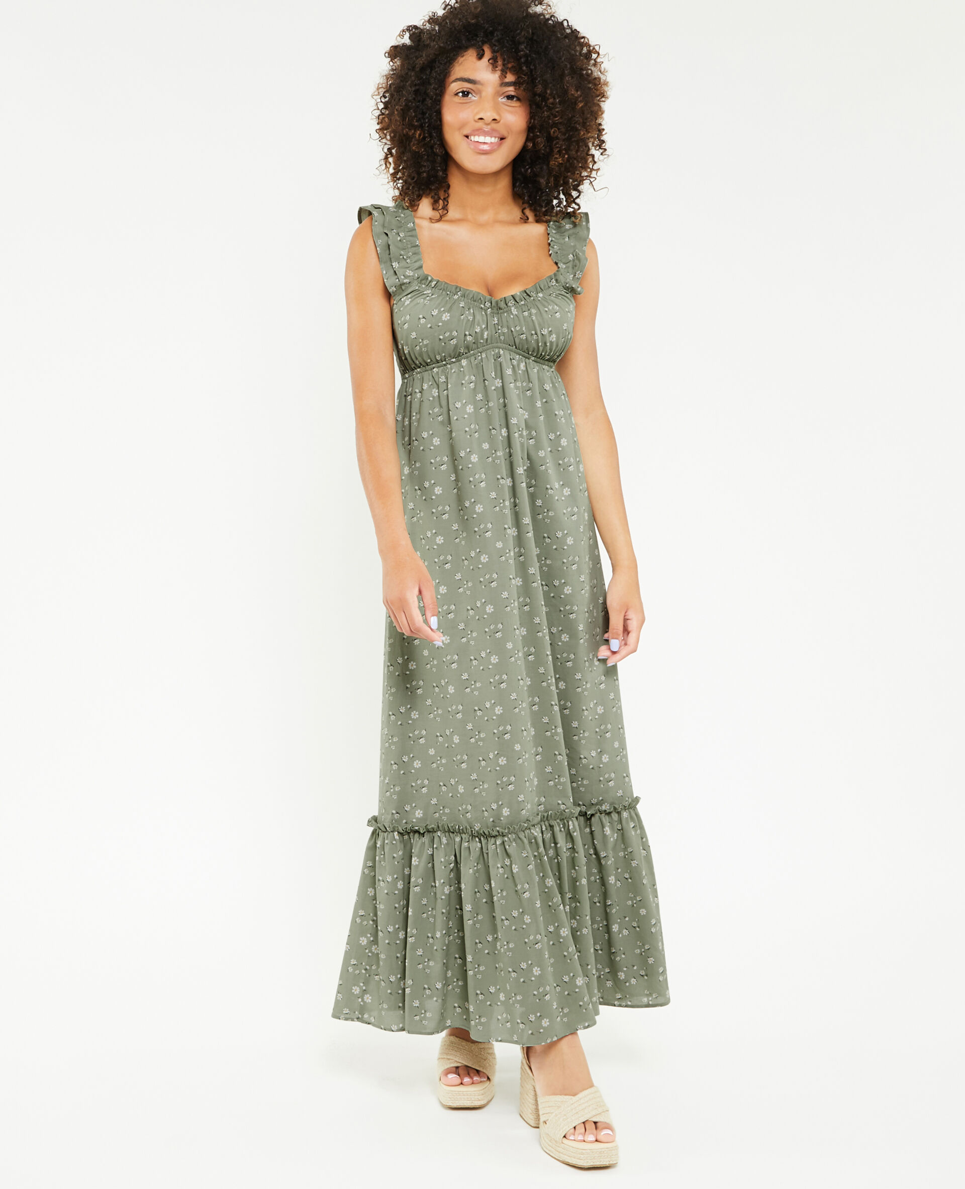 Robe longue motif fleurs avec volants - Vert kaki