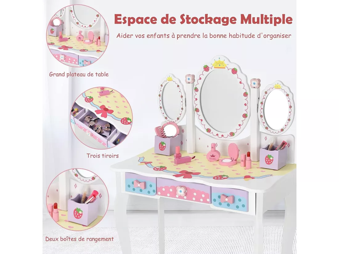 Coiffeuse pour Enfants avec Miroir Amovible - 3 Tiroirs - 2 Boîtes - Convertible Bureau - Style Princesse pour Filles, Blanc