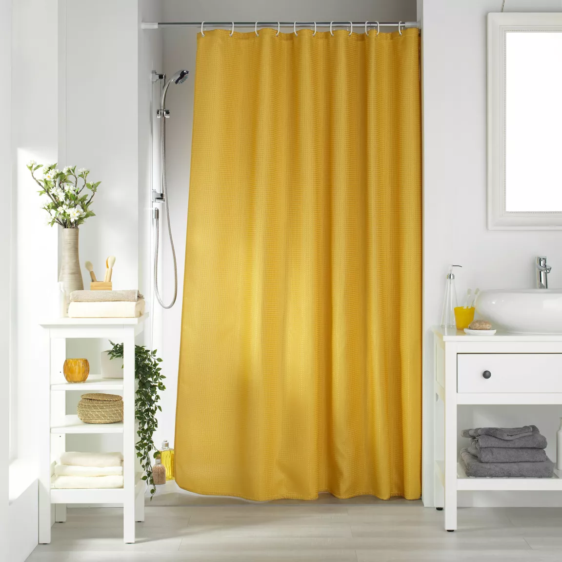 Rideau de douche effet tissé à anneaux (180 x 200 cm) Quartz Jaune miel