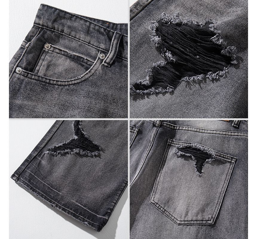 purplelouve - Mid Rise Washed Distressed Wide Leg Jeans