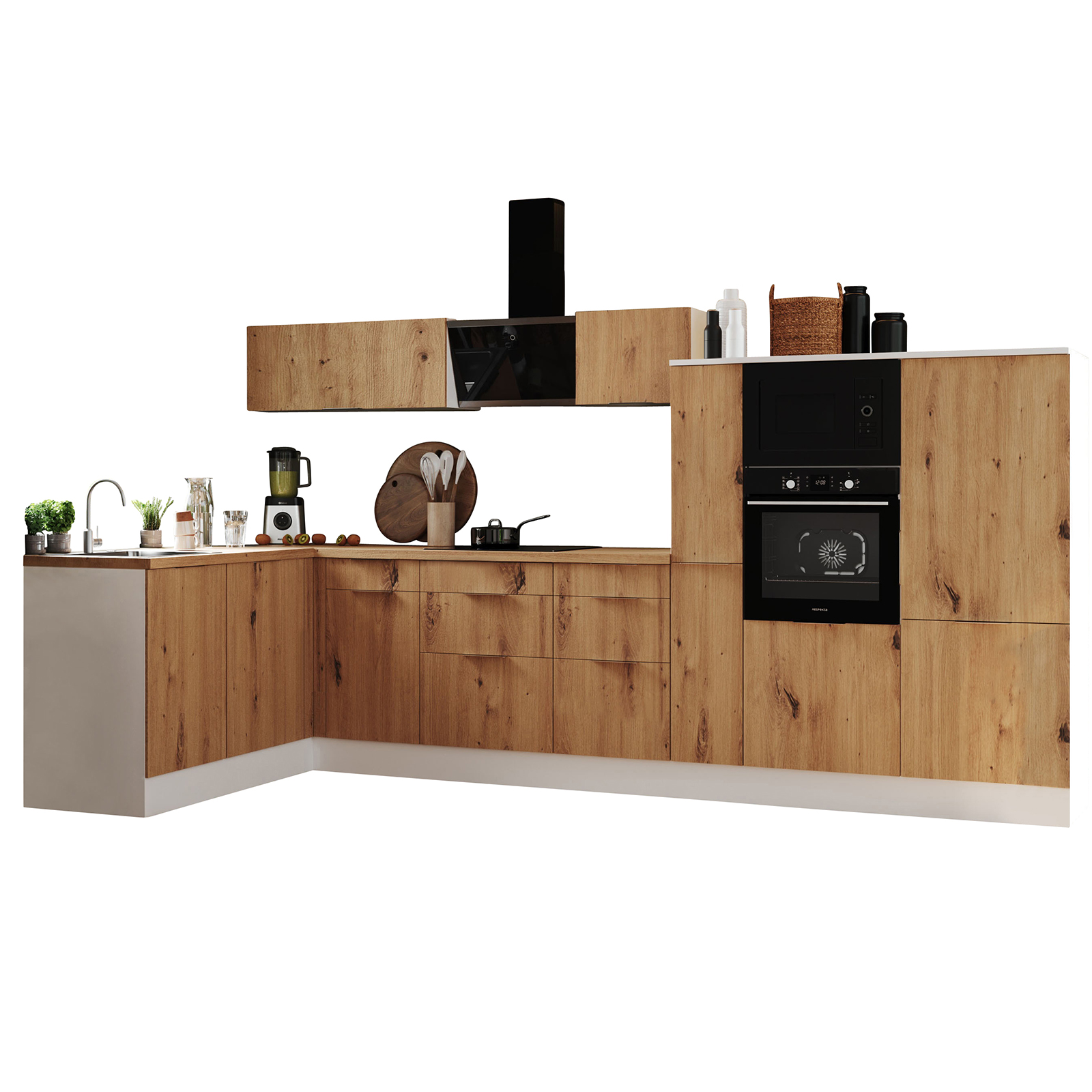 RESPEKTA Winkelküche - Artisan Eiche - weiß matt - mit E-Geräten - 370 cm