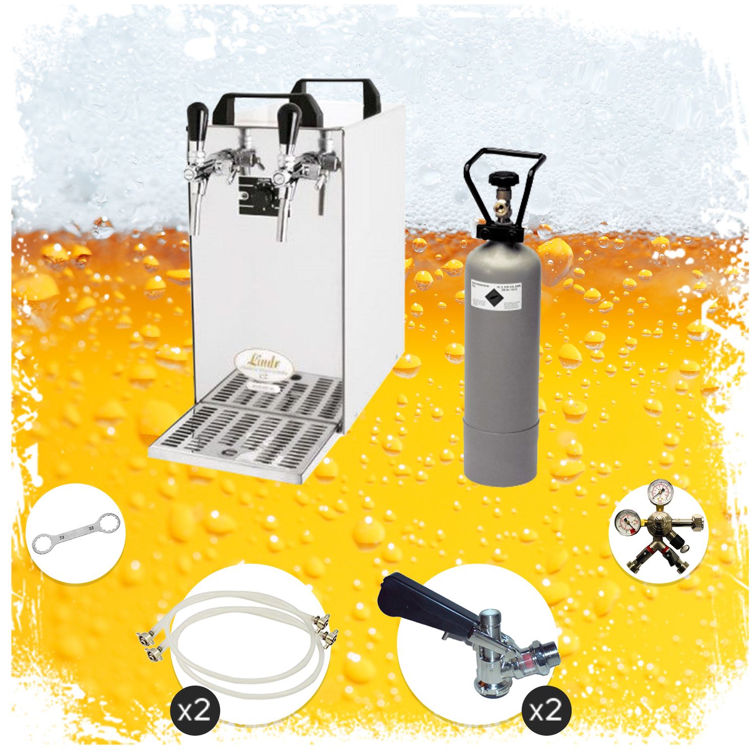 Komplett Set - Zapfanlage, Bierzapfanlage - Kontakt 40 2-leitig Trockenkühler, Durchlaufkühler 50 Liter/h, Green Line, Korb,Flach