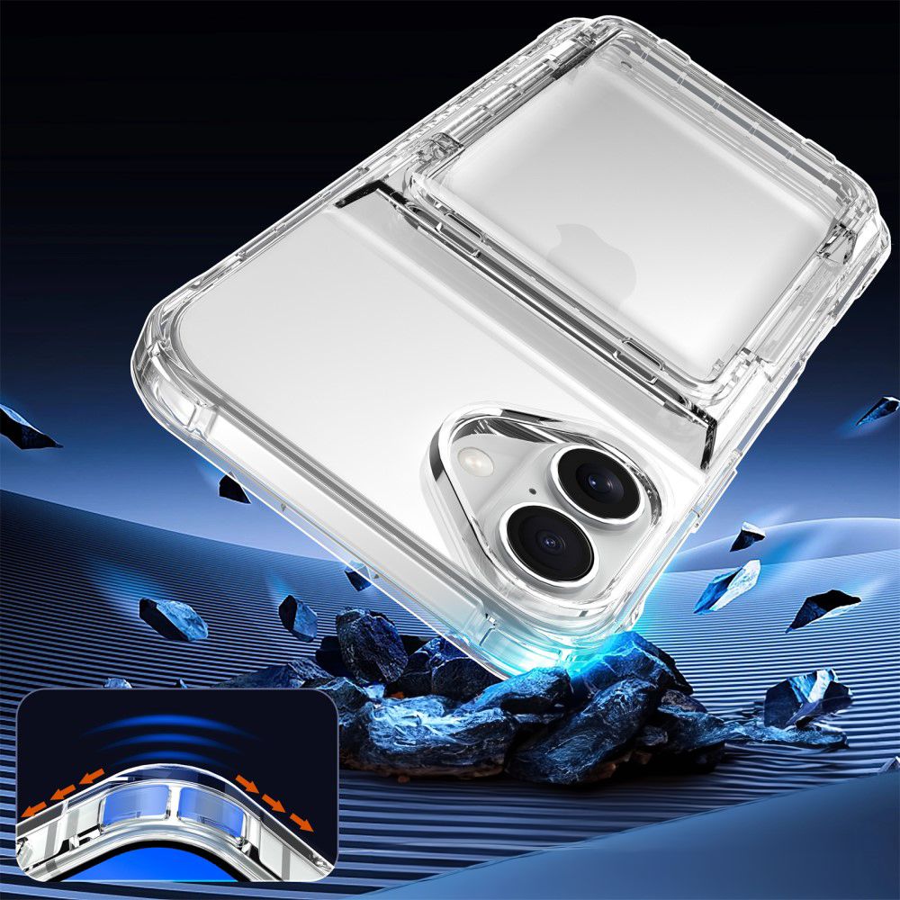 iPhone 16 Gummi Case Schutzhülle Air Cushion Fallschutz mit Kartenfach   Kickstand - Transparent