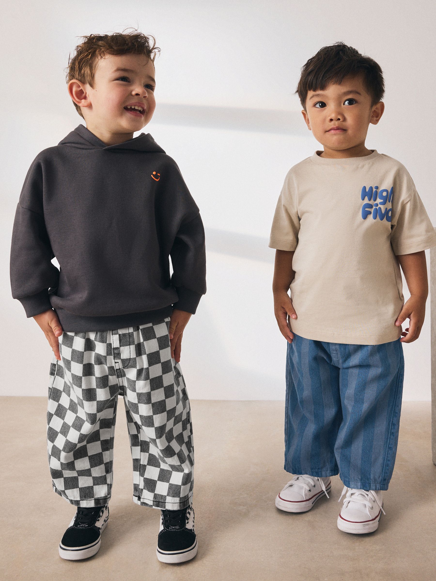 Dambordmotief/Blauwe Strepen - Set van 2 wijde broeken met elastische taille (3mnd-7jr)