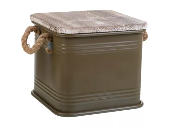 Boîte carrée en métal, couvercle en bois et poignées en corde imprimée verte 27x27x24,5h cm