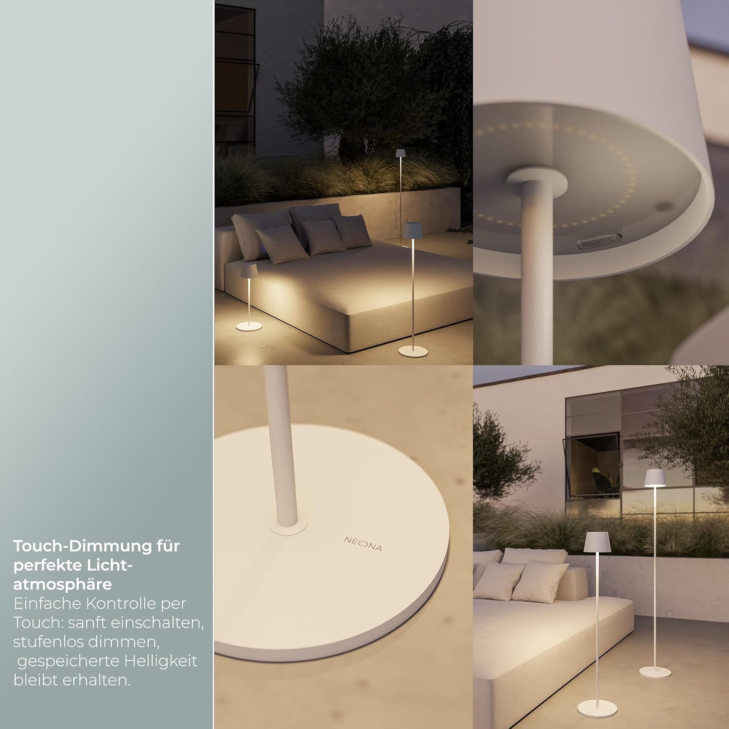 NEONA® YAVA kabellose LED Stehleuchte (Akku, Touch-Dimmung) – höhenverstellbar 50 – 130 cm, warmweiß 2700 K, bis 10 Std. Laufzeit, IP54 wetterfest – Indoor & Outdoor (Weiß)