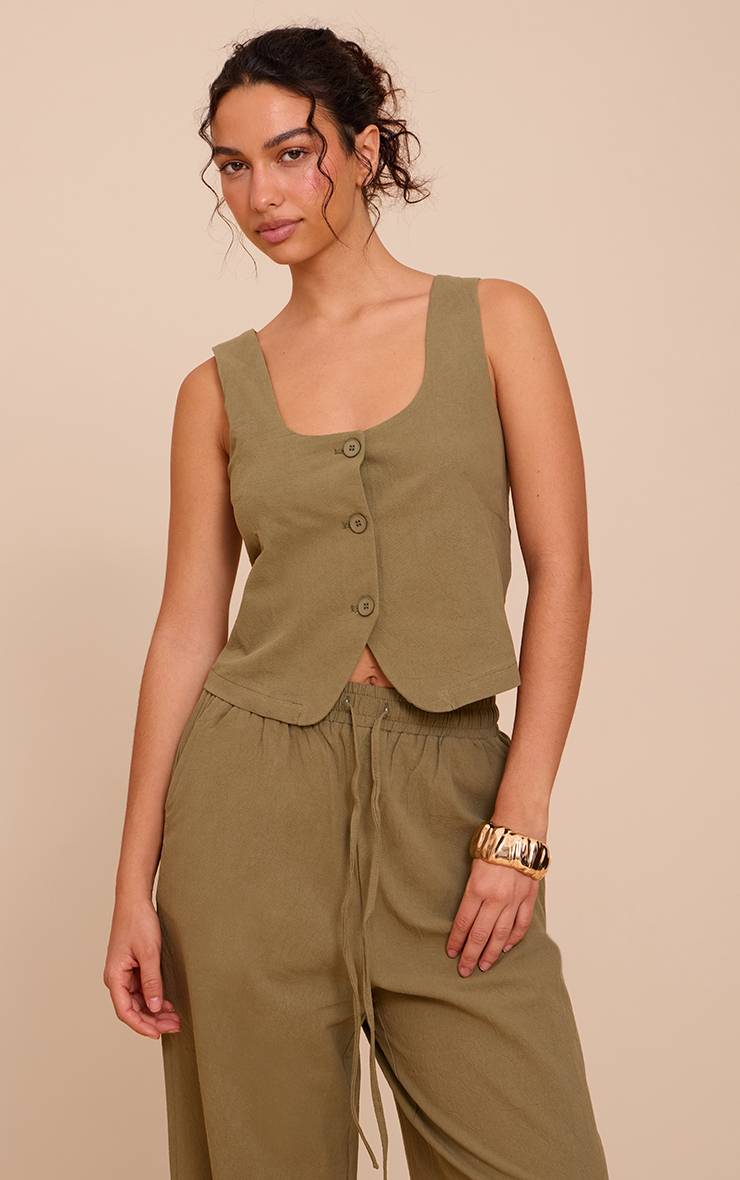 Kaki Gilet Ajusté Col Rond Aspect Lin Sur Mesure