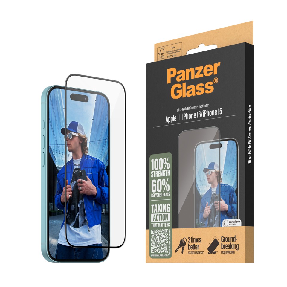 PanzerGlass - Skærmbeskyttelse - iPhone 15/16 - Ultra Wide fit m/Easy/Aligner