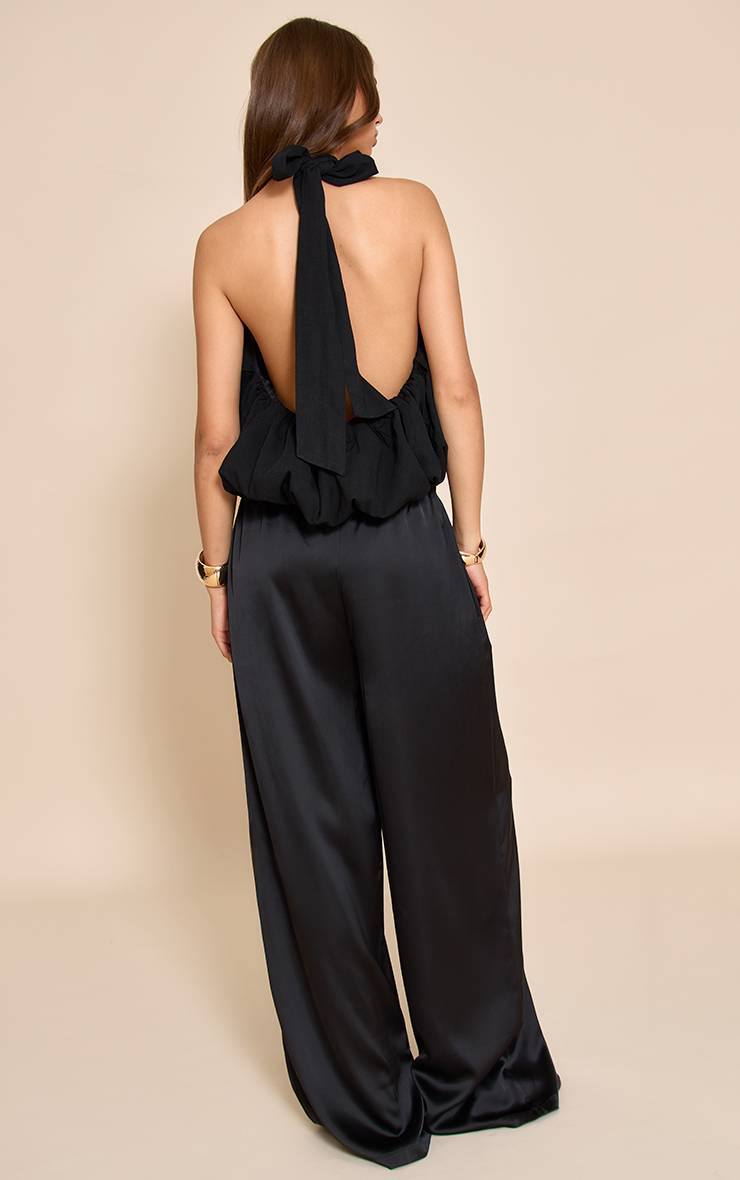Noir Pantalon Large En Satin À Cordon De Serrage