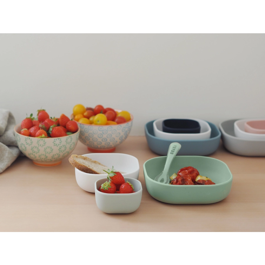 BEABA® Schüssel-Set 3tlg., SalbeigrünCottonhellgrau aus Silikon