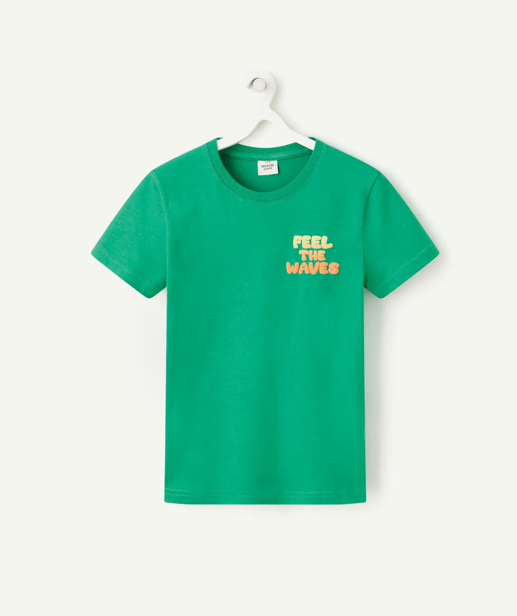 t-shirt garçon en coton bio vert avec messages colorés