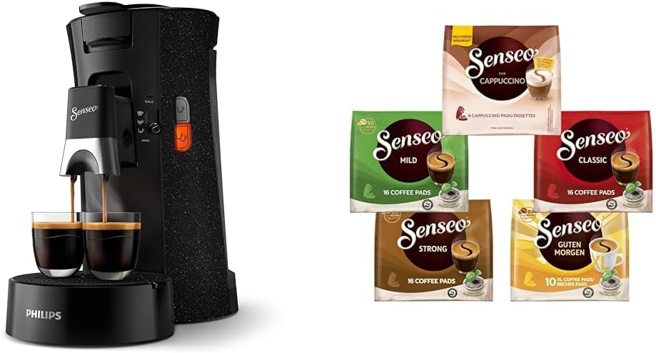 Philips Senseo Select ECO-Kaffeepadmaschine Bundle mit 66 Kaffeepads,3 Kaffeespezialitäten, Memo-Funktion, Crema Plus, Intensität Plus, aus recyceltem Plastik, 0,9L, Schwarz Eco (CSA240/20)