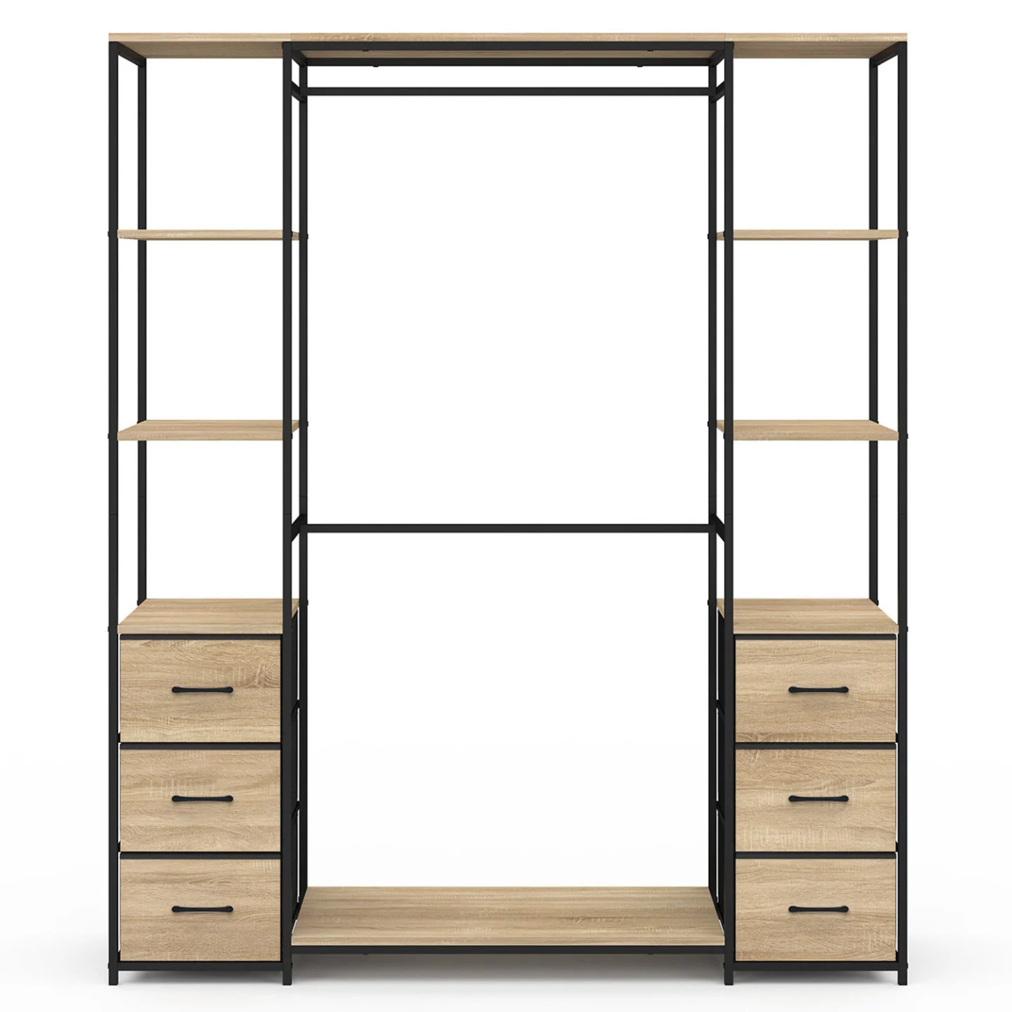 Dressing double penderie + double colonne L. 140 cm UTAH avec 6 étagères et 6 bacs en tissu bois et noir