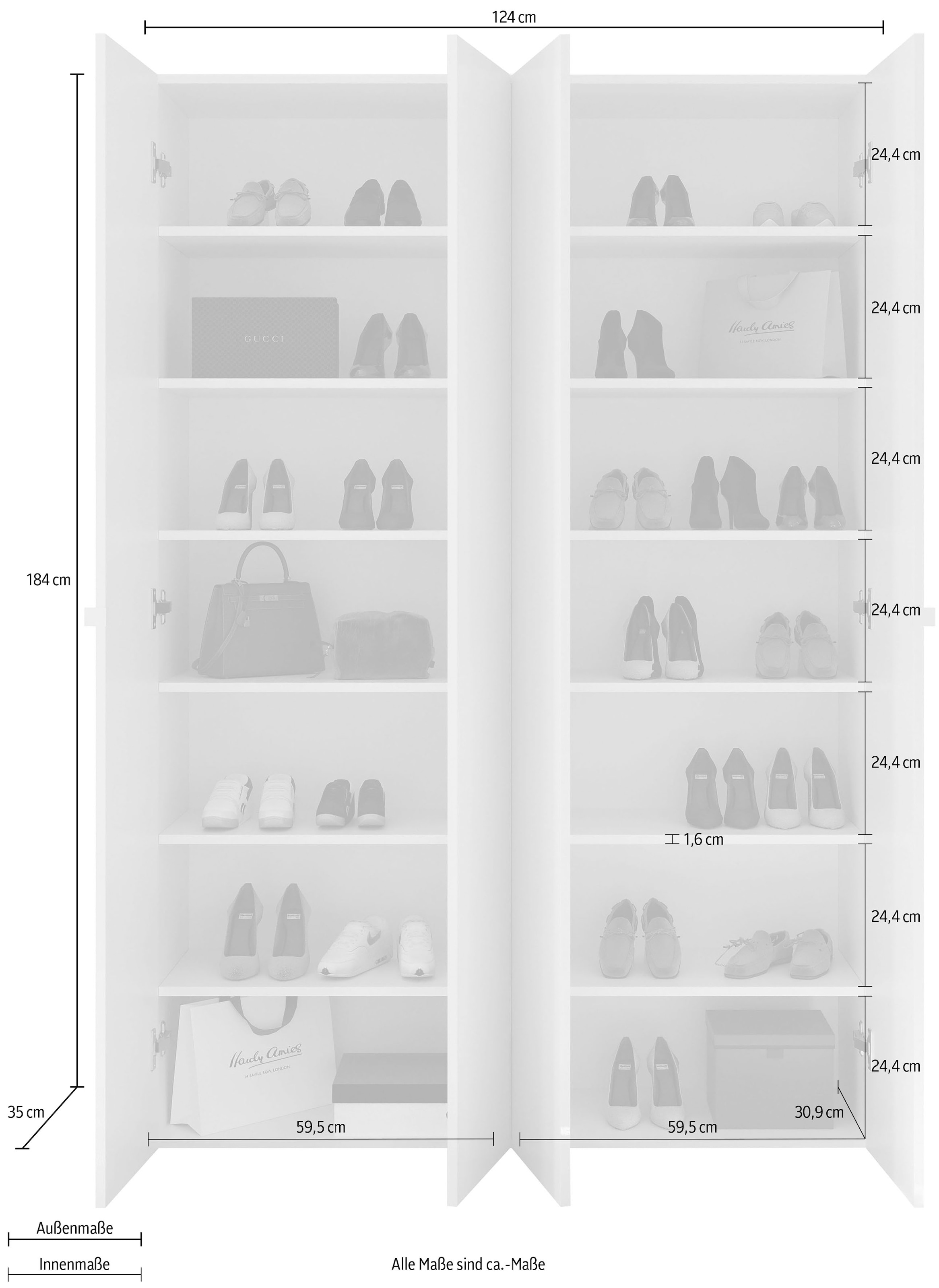 INOSIGN Schuhschrank »SMILE Breite 124 cm, Höhe 184 cm, Schuhregal mit 7 Ebenen, 14 Fächer« Schuhkommode in Weiss Hochglanz Lack, 2 Metallgriffe