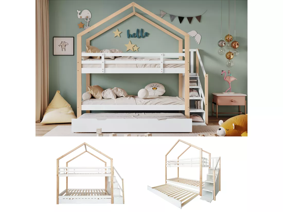 Lits superposés 2 x 90 x 200 cm avec lit gigogne 90 x 190 cm, avec 4 tiroirs et escalier, bois massif + MDF, blanc