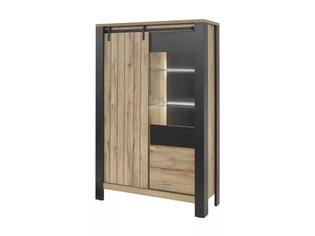 CLODIUS - Argentier 2 Portes 2 Tiroirs Métal et Aspect Bois Finition Scarlet avec Leds