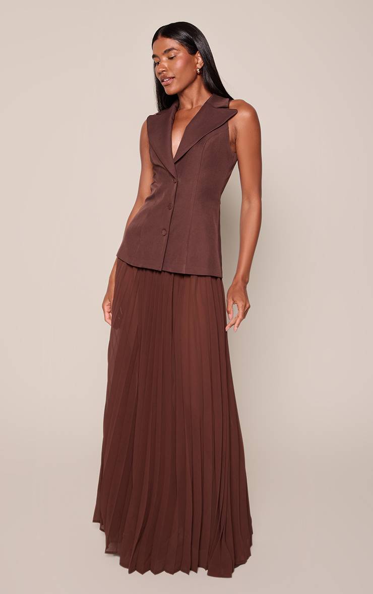 Chocolat Robe Maxi Plissée En Mousseline Avec Corsage Sans Manches En Tissu Tissé
