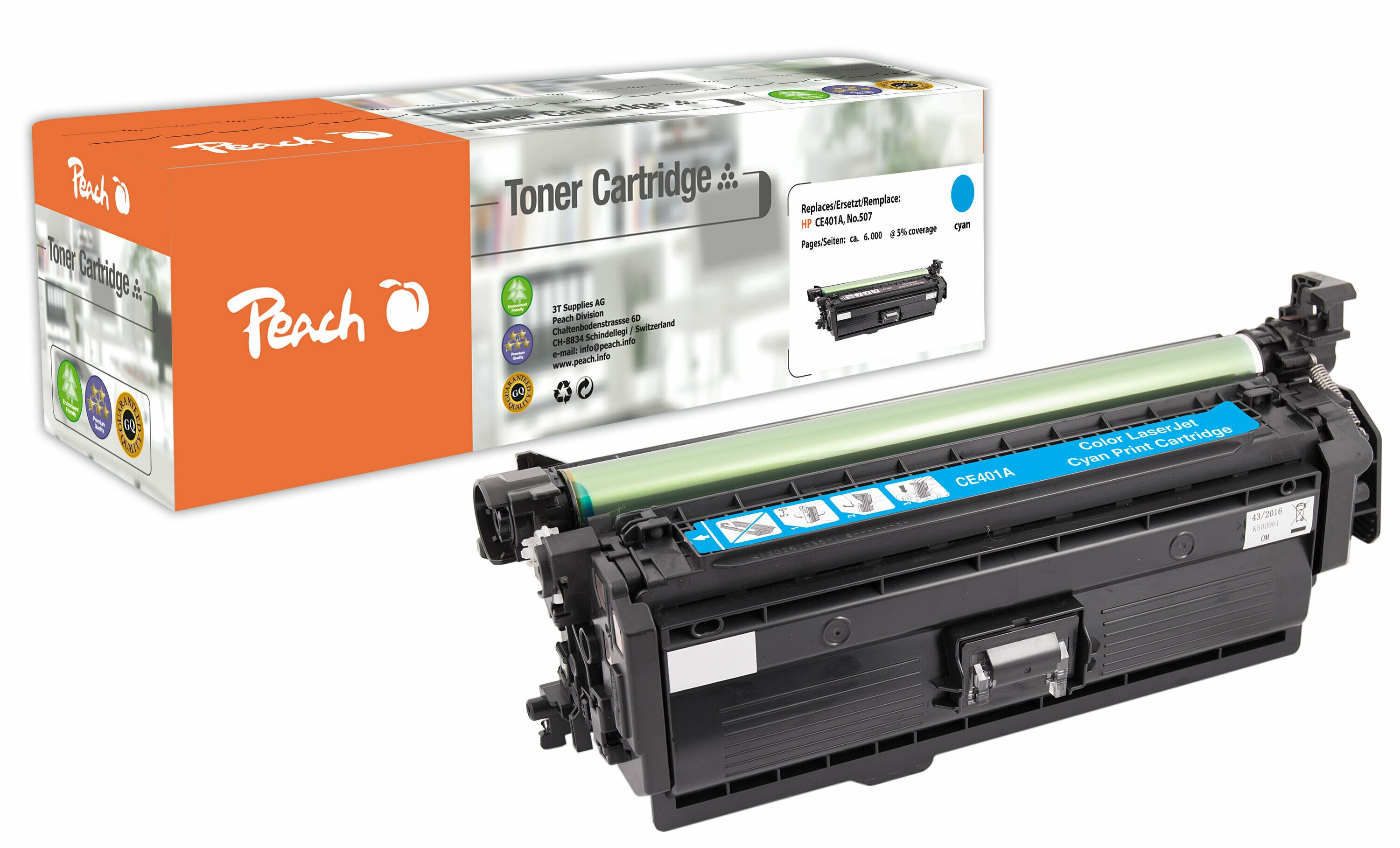 Peach HP 507 AC Toner cy ersetzt HP No. 507A C, CE401A für z.B. HP LaserJet Enterprise 500 color M 551, HP LaserJet Enterprise 500 color M 551 dn (wiederaufbereitet)