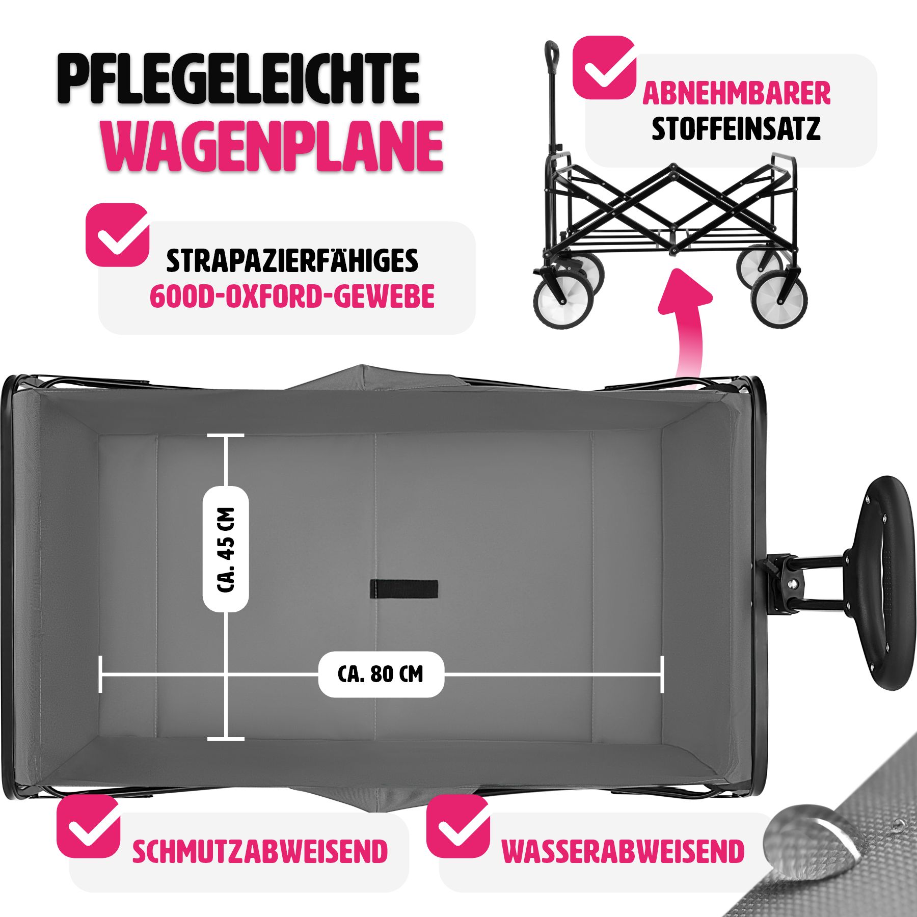 tectake® Bollerwagen, faltbar, abnehmbarer Stoffeinsatz mit 2 Netztaschen, inklusive Tragetasche, Belastbarkeit 80 kg