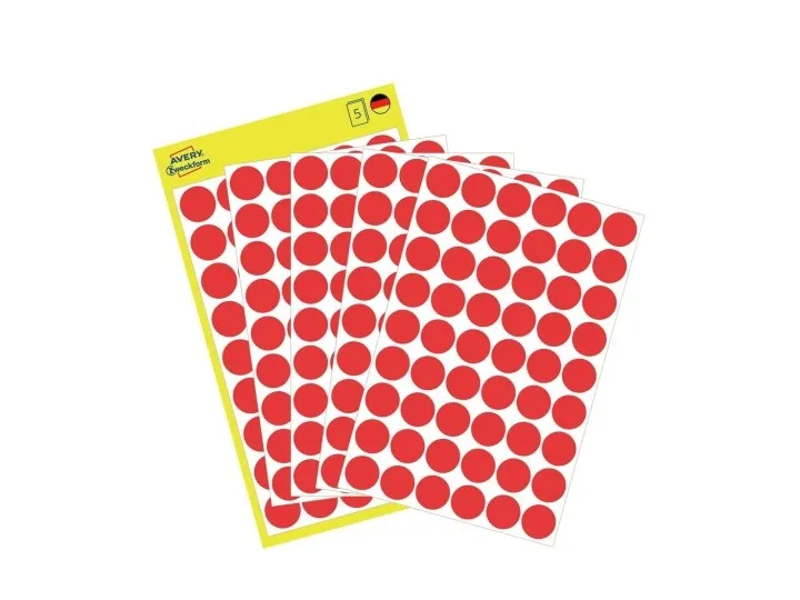 Etiket Avery Zweckform rød Ø12 mm - (5 ark x 54 stk.)