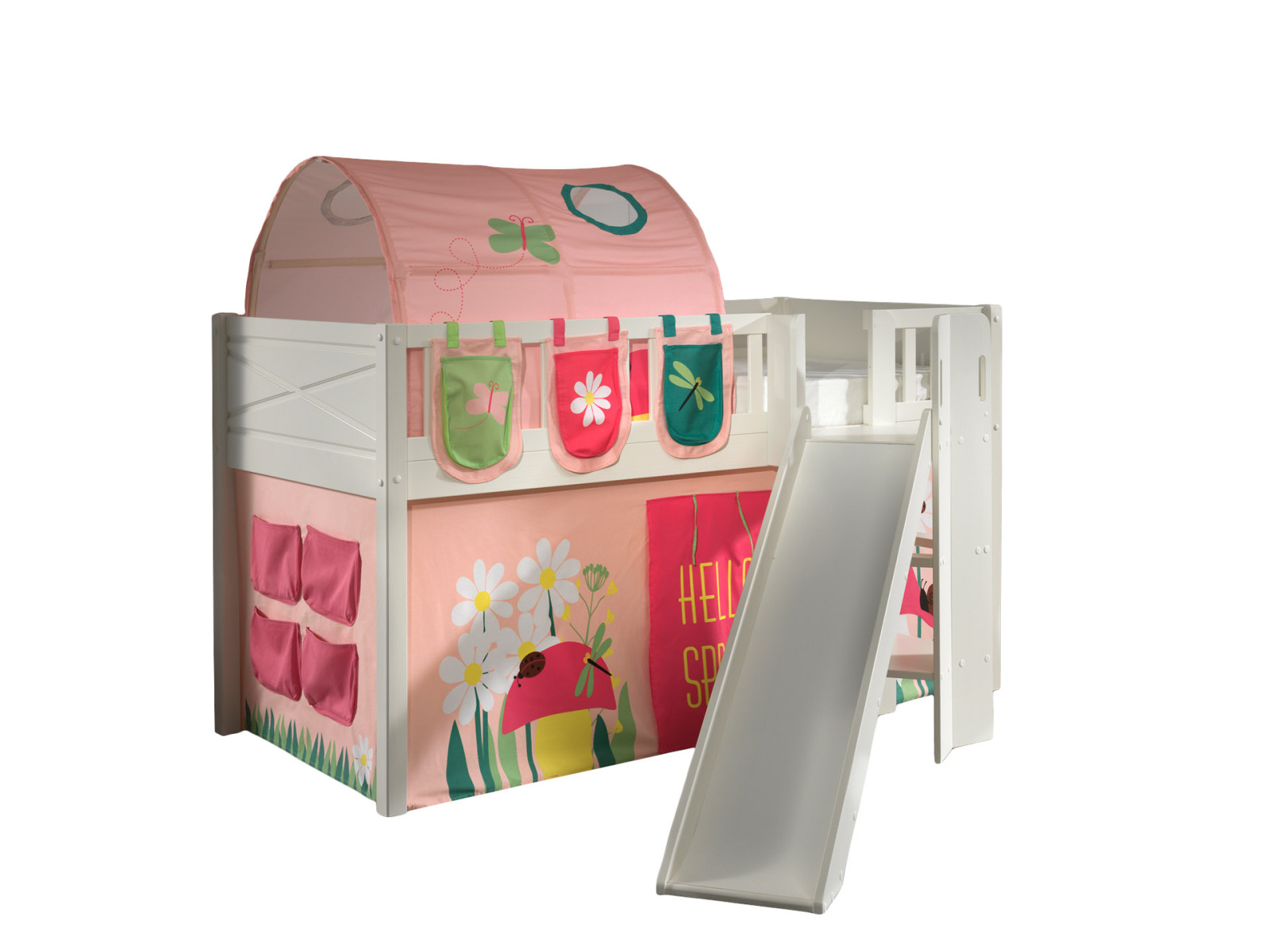 Spielbett SCOTT - weiß - Spring - mit Rutsche - Vorhang, Leiter, Tunnel und Taschen - 90x200 cm