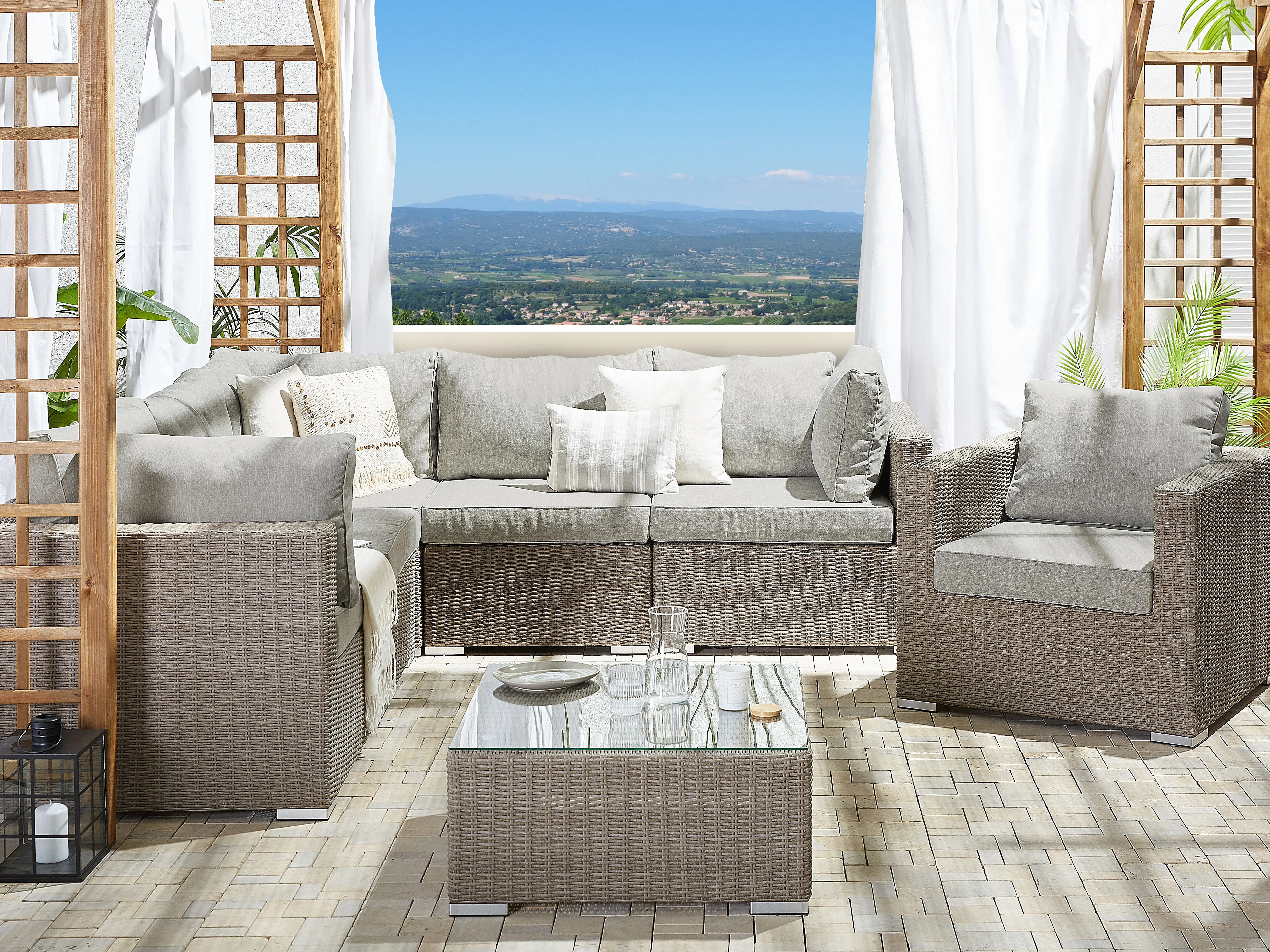 Loungeset met tafel 6-zits CONTARE rechtszijdig modulair PE rotan Taupe