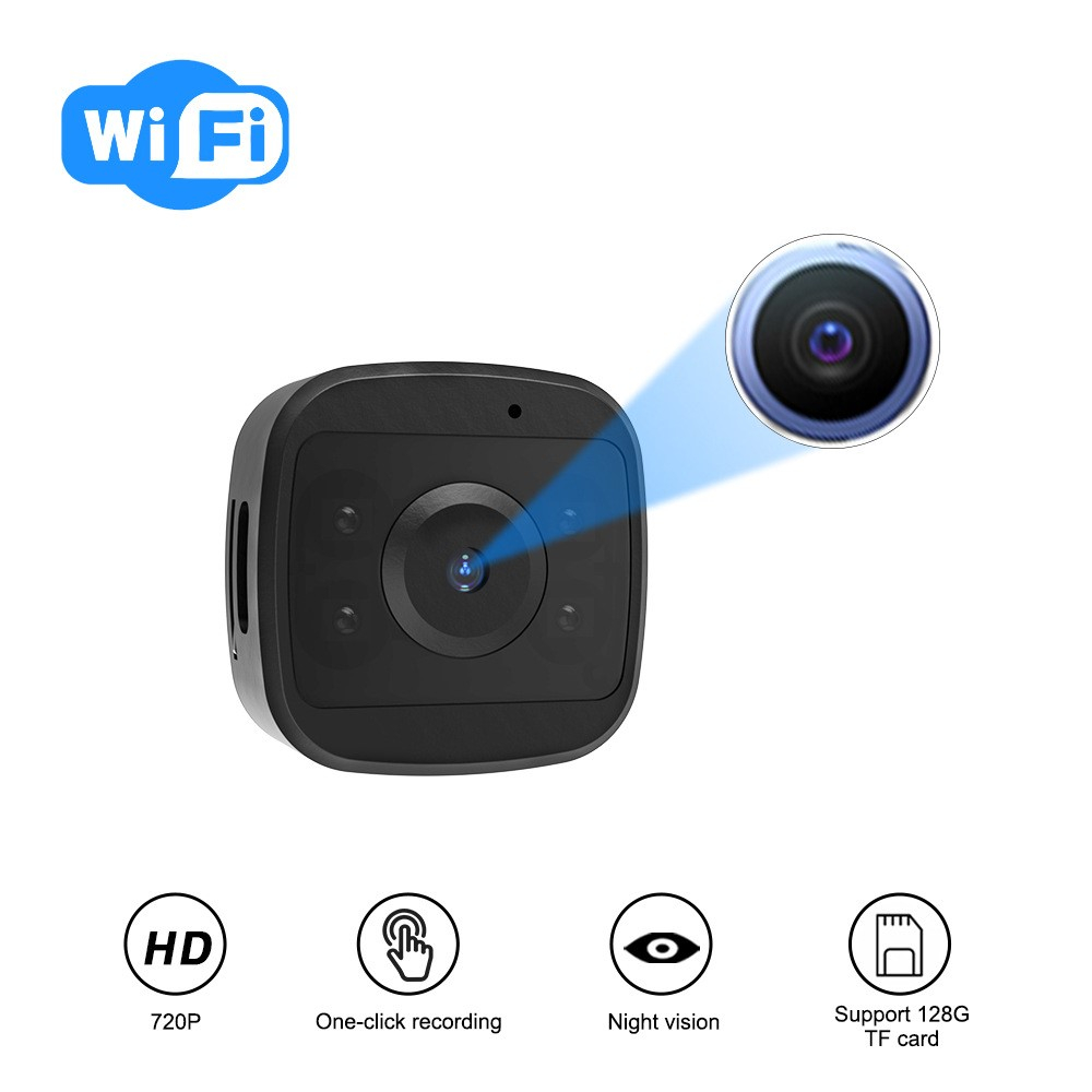 Mini WiFi IP Kamera HD 720p Infrarot LED's Nachtsichtfunktion mit Micro SD Kartenslot   Halterung iOS/Android - Schwarz