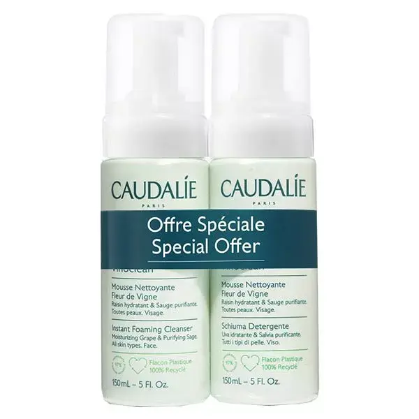 Espuma de limpeza facial Caudalie Vinoclean com flor de videira, pacote com 2 unidades de 150ml