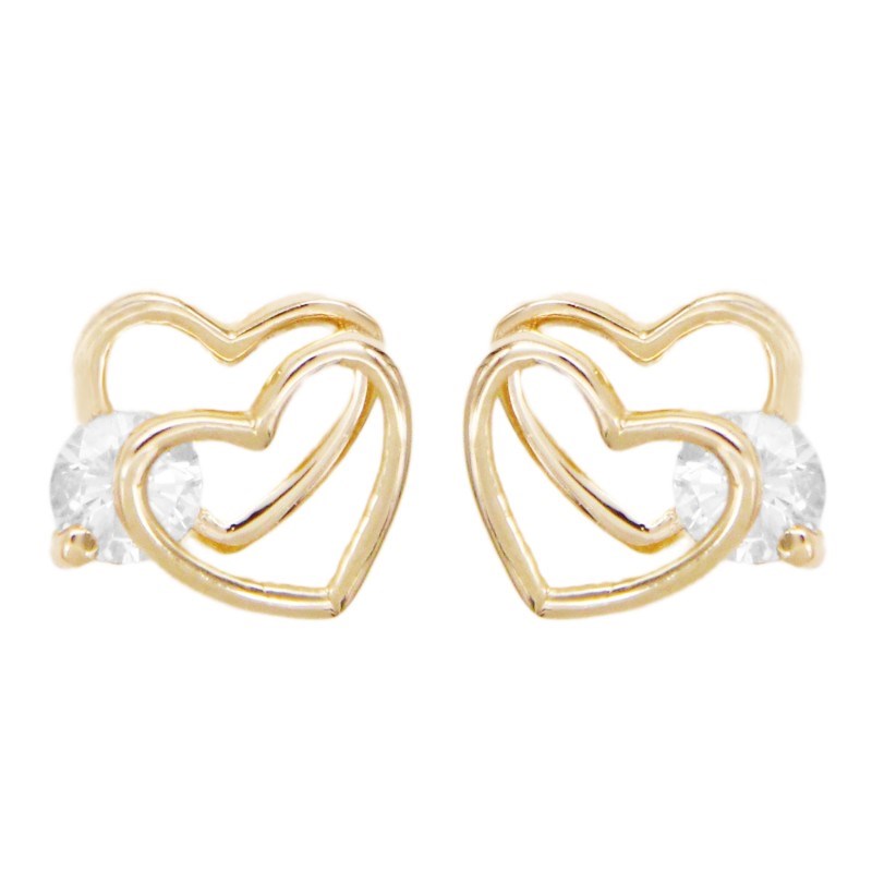 Boucles d'Oreilles Or Jaune Coeurs Doubles Sertis de Zirconiums