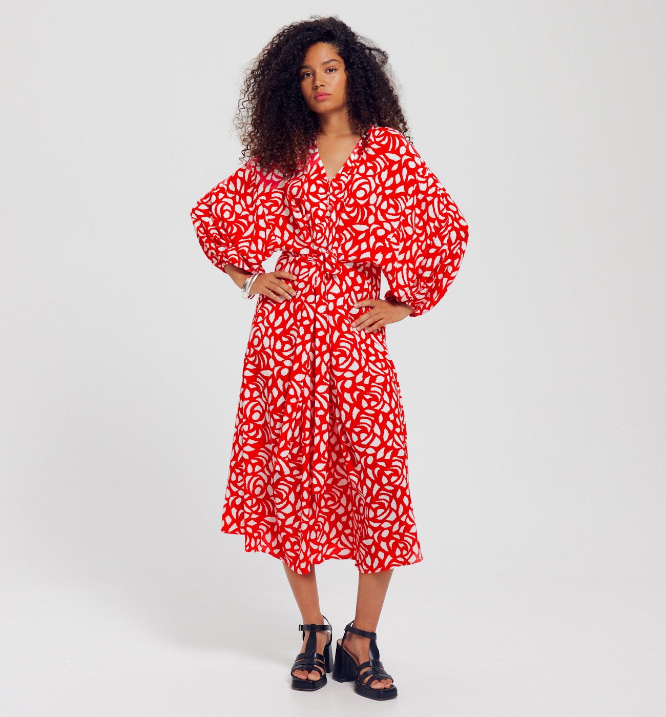Robe à manches ballon Femme - Imprimé rouge