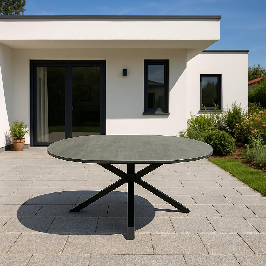 DEGAMO Gartentisch Ausziehtisch Lyon 140cm rund, ausziehbar auf 200cm, Aluminium anthrazit + ECP in Keramikoptik hellgrau, Outdoor