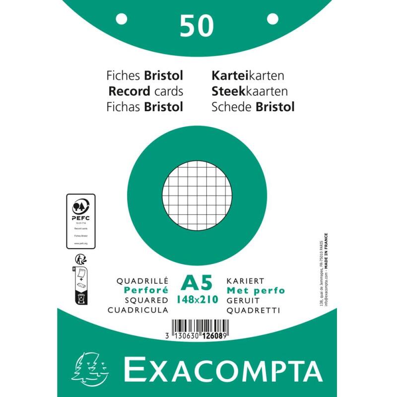 Paquet 50 fiches sous film - bristol quadrillé 5x5 perforé 148x210mm - Blanc