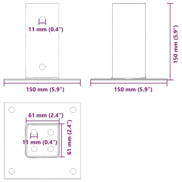 vidaXL Stolpebunner firkantet 4 stk 61x61 mm pulverlakkert stål