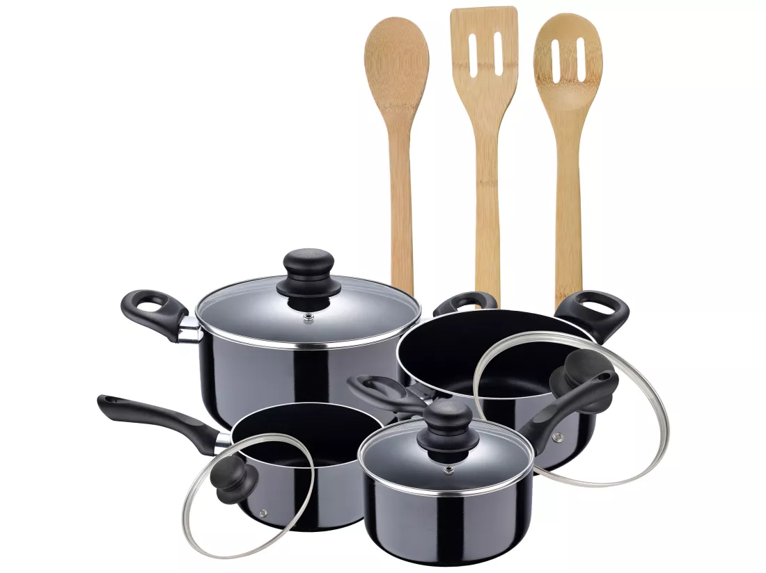 Set de batteries de cuisson à châtiment + ustensiles de cuisine en bambou 3 pc